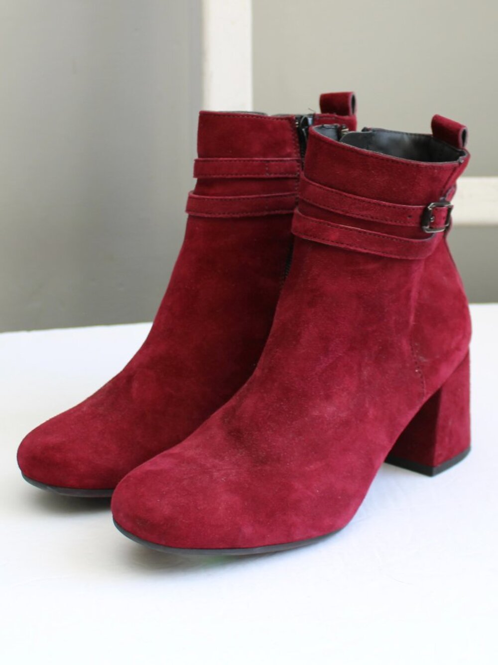 PAUL GREEN Sydney Buckle Suede Bootie Heel Boots Merlot Burgundy Size 6.5 US